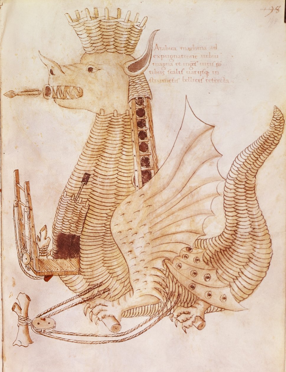 Añadir 24945 fol.194 Diseño de una máquina de asedio, de "De re militari" de Robertus Valturius (litografía) de Italian School