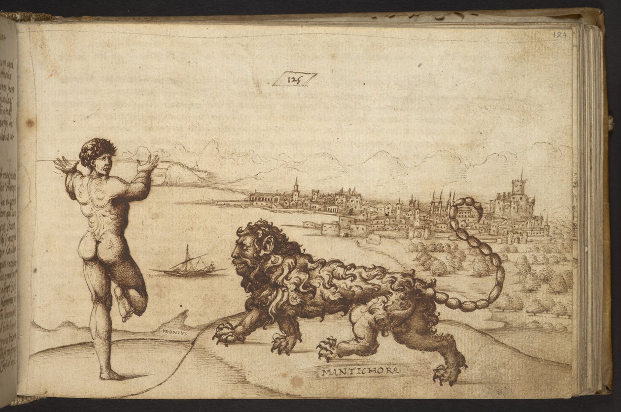 Agregar. 82955, f.124 Figura humana y una criatura (