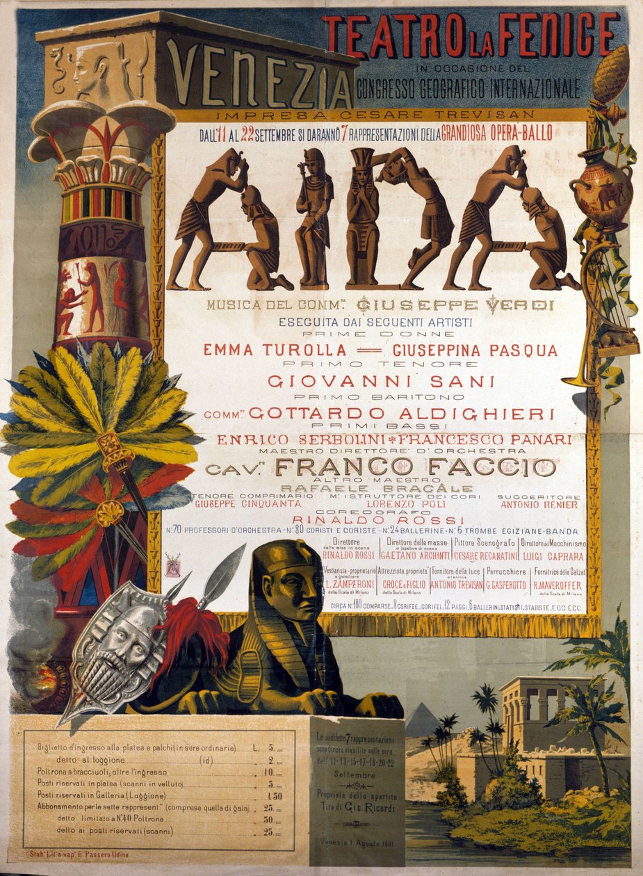 Cartel de presentación de Aida de Giuseppe Verdi en La Fenice de Venecia en 1881 de Italian School