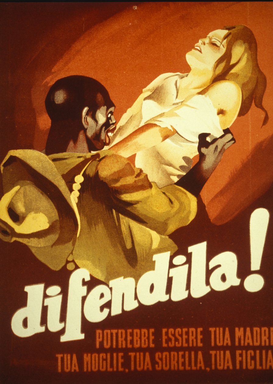 Cartel que muestra a una joven agredida por un hombre de color: Defiéndela, podría ser tu madre, tu esposa, tu hermana, tu hija. Italia de Italian School