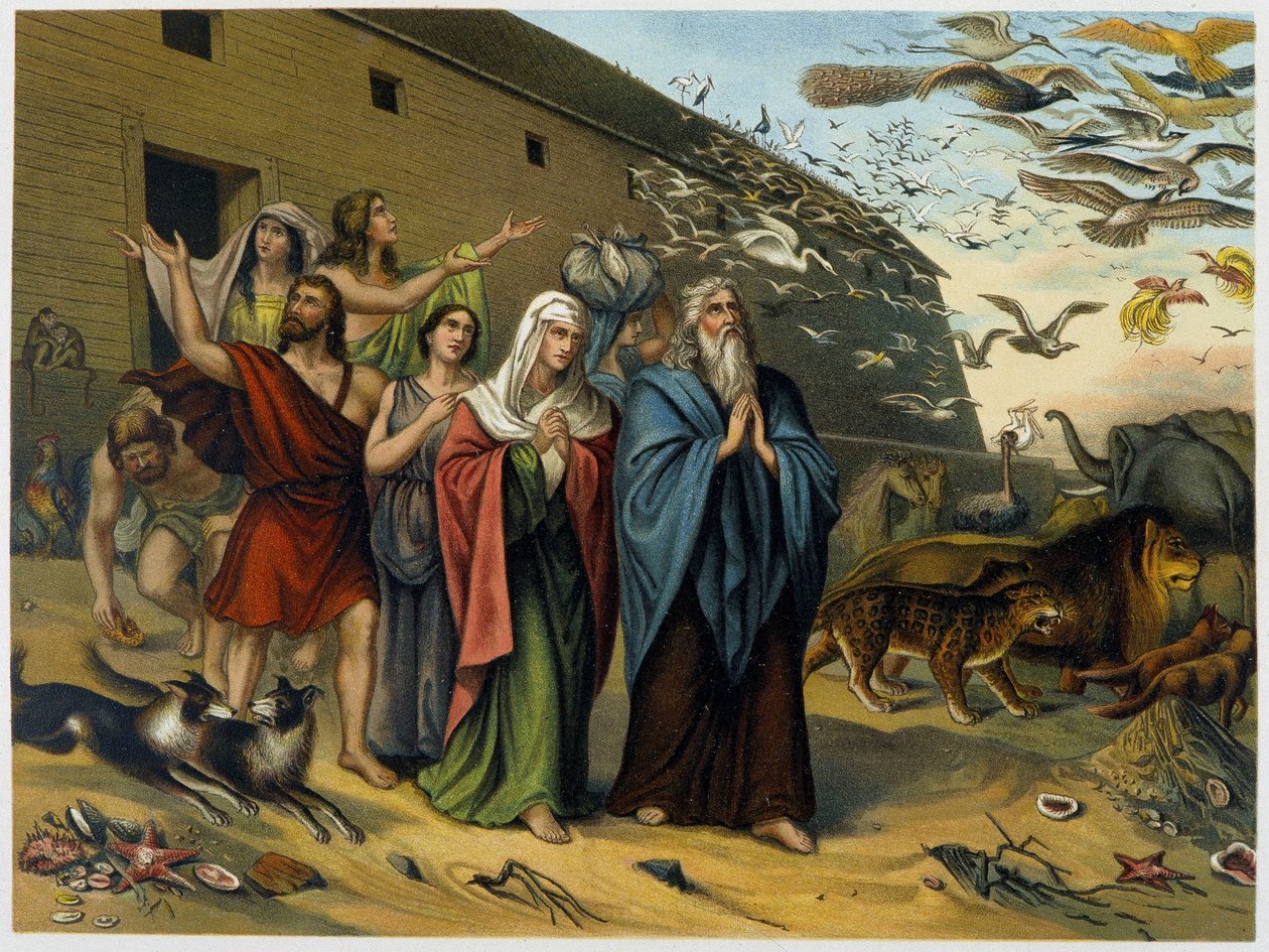 Después del diluvio, Noé, su familia y los animales salen del arca de Italian School