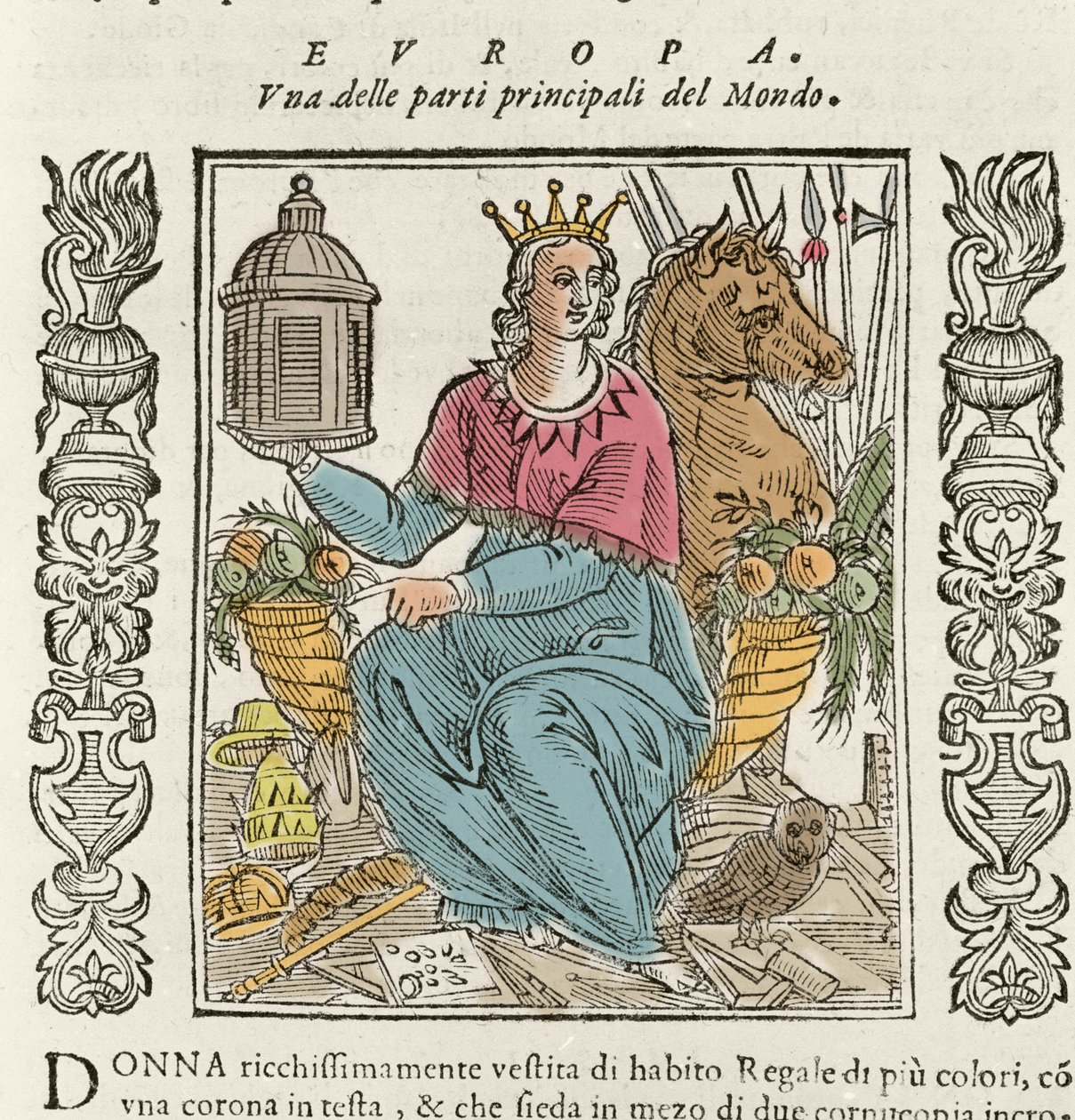 Alegoría de Europa en forma de una mujer ricamente vestida, coronada, rodeada de cuernos de la abundancia. Placa tomada de “Iconologia” de Cesare Ripa (1550-1622). de Italian School