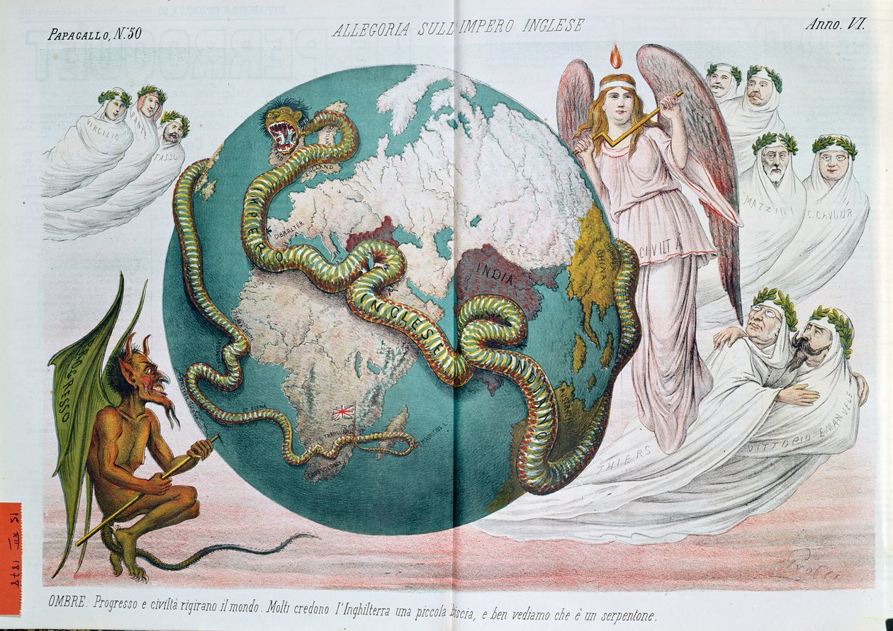 Alegoría del Imperio Británico estrangulando el mundo, caricatura satírica de Le Perroquet (Il Papagallo), 1878 de Italian School