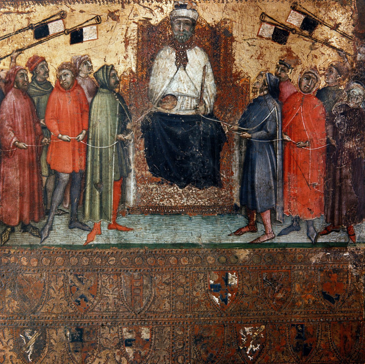 Alegoría del gobierno de la ciudad de Siena rodeada de ciudadanos que están simbólicamente ligados a ella por una cuerda. Pintura anónima sobre madera de una Biccherna (cubierta del registro contable de la ciudad de Siena) 1385. Siena Archivio di Stato, It de Italian School
