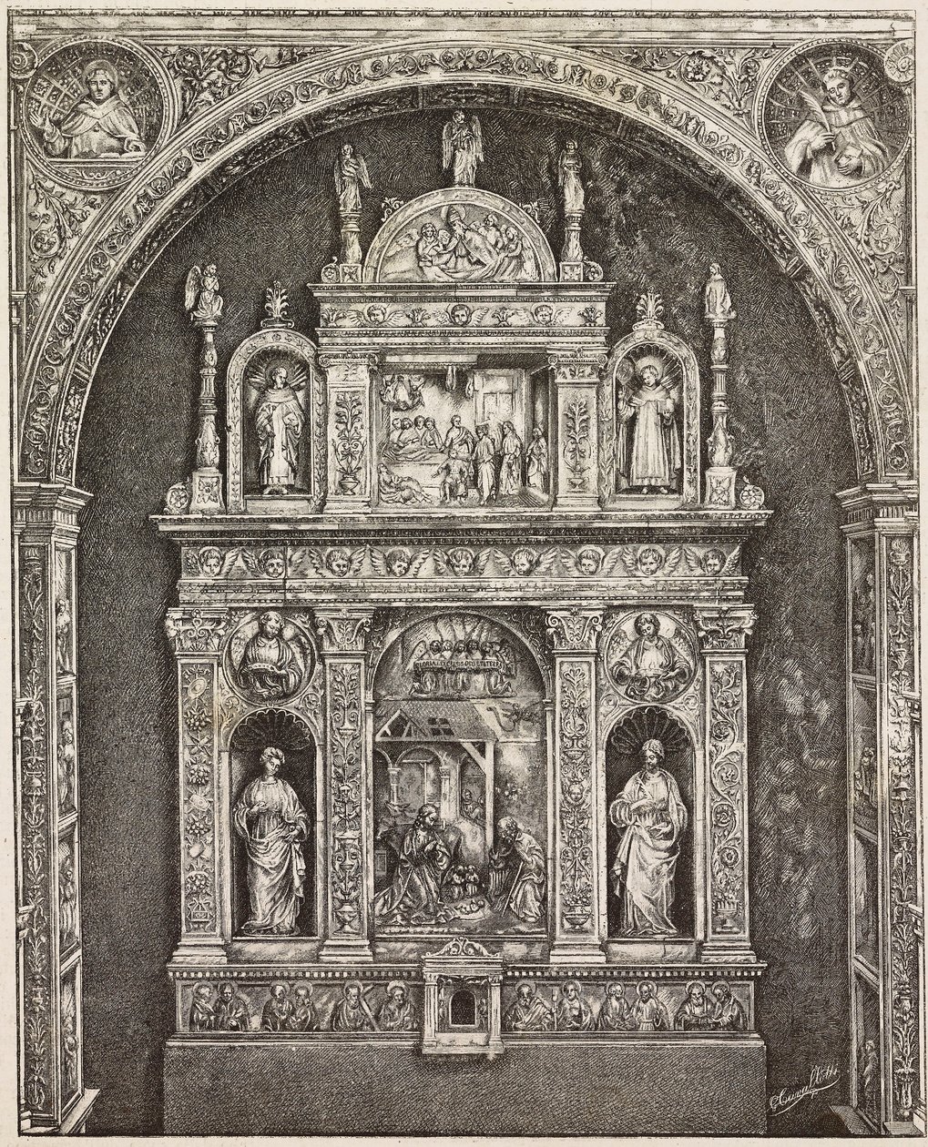 Altar en la iglesia de Santa Cita, por Antonello Gagini, Palermo, Italia, grabado de un dibujo de G Cavallotti, de L