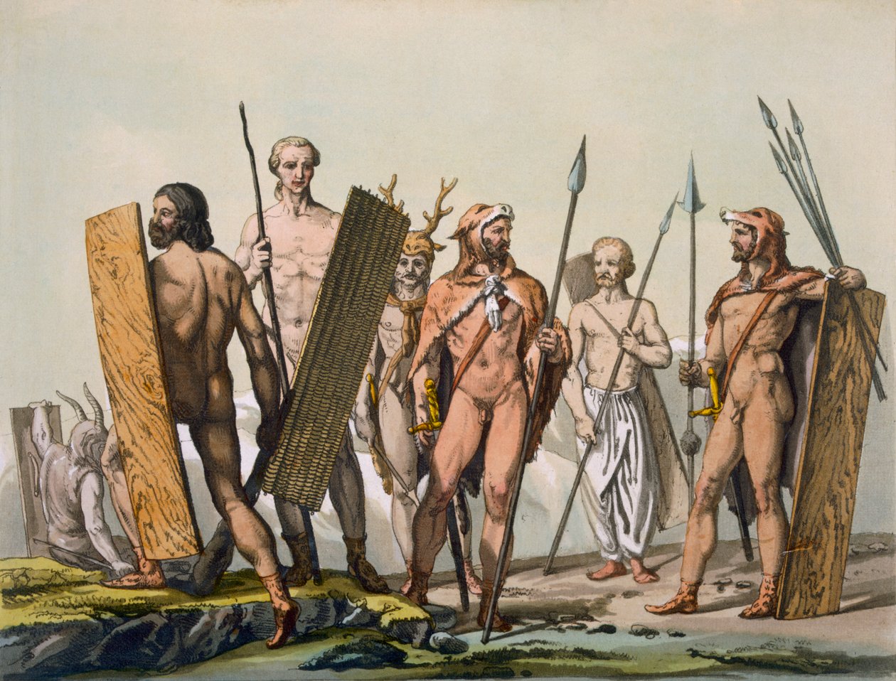 Guerreros Celtas Antiguos vestidos para la batalla, con un chamán, c.1800-18 de Italian School