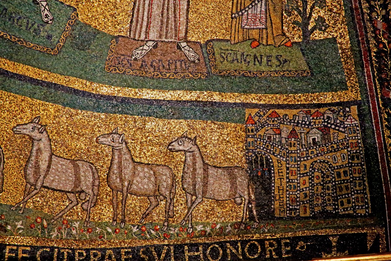 Detalle del ábside, Belén y ovejas de Italian School