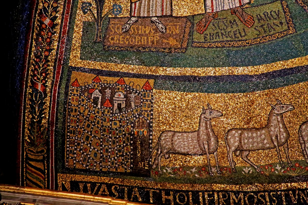 Detalle del ábside, Jerusalén y ovejas de Italian School