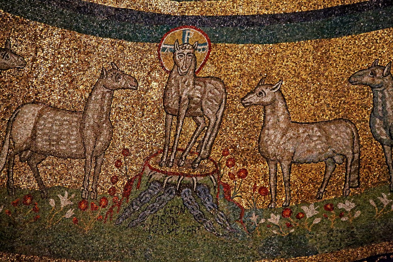 Mosaico del ábside con Cristo como el Cordero Pascual y ovejas de Italian School