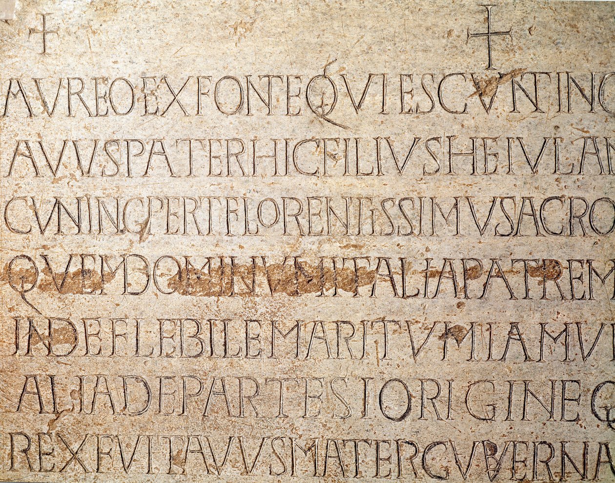 Arqueología de la Edad Media. Arte bárbaro de Lombardía: lápida del rey lombardo Cunipert, conocido como el Piadoso (Cuniperto, 678-700). Arte lombardo. Pavía, Museo Cívico, Sección Arqueológica de Italian School
