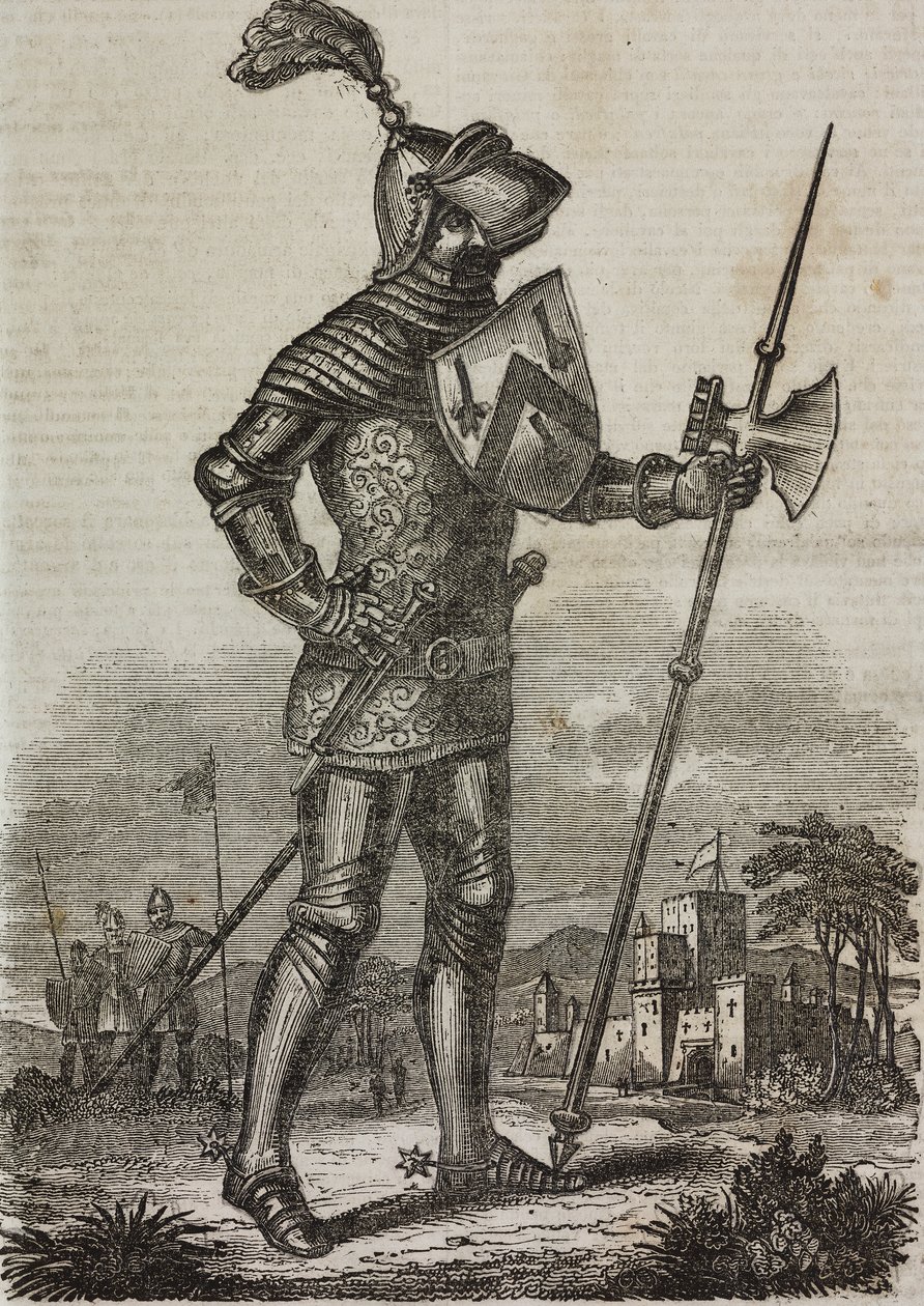 Armadura de la época del rey Enrique V de Inglaterra, ilustración del "Teatro Universale...". de Italian School