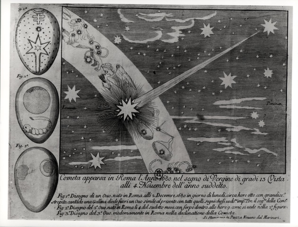 Diagrama astrológico del cometa que apareció en Roma durante Virgo y permaneció visible hasta noviembre de 1680 de Italian School
