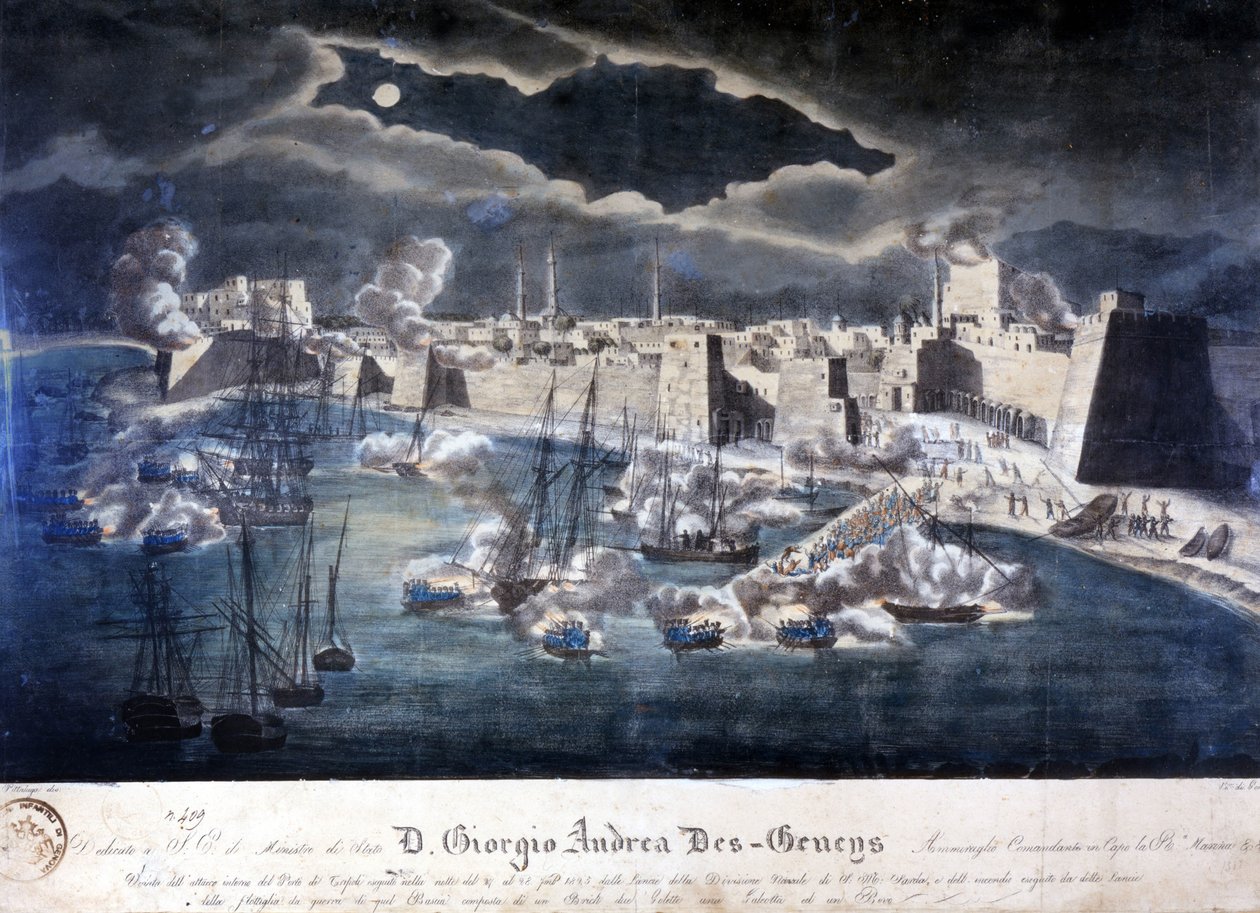Ataque de la Armada Sarda al puerto de Trípoli durante las operaciones contra la piratería bárbara en 1825 de Italian School