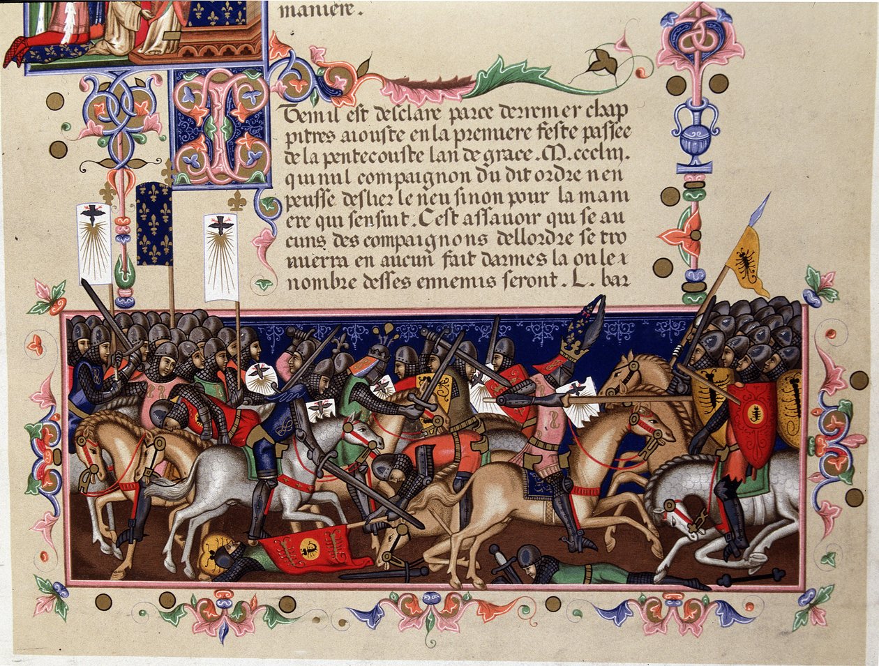 Escena de batalla durante las Cruzadas - (detalle) de los Estatutos de la Orden del Espíritu Santo, Nápoles de Italian School