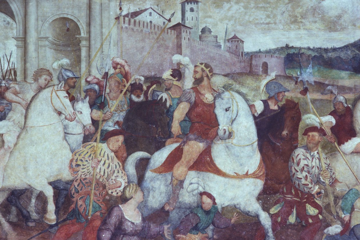 Escena de batalla fuera de las murallas de la ciudad, c. 1460 (fresco) de Italian School