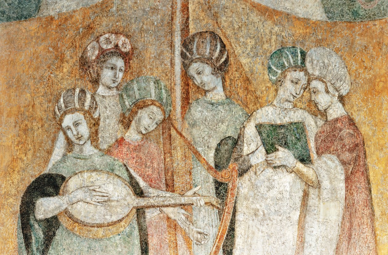 Bicocca degli Arcimboldi: fresco del siglo XV, detalle de mujeres tocando música (fresco) de Italian School