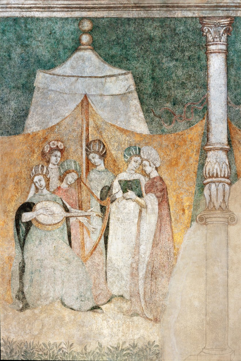 Bicocca degli Arcimboldi: fresco del siglo XV, detalle de mujeres tocando música (fresco) de Italian School