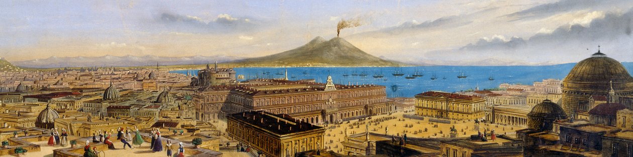 Vista aérea del Palacio Real y Piazza Plebiscito en Nápoles, Italia de Italian School