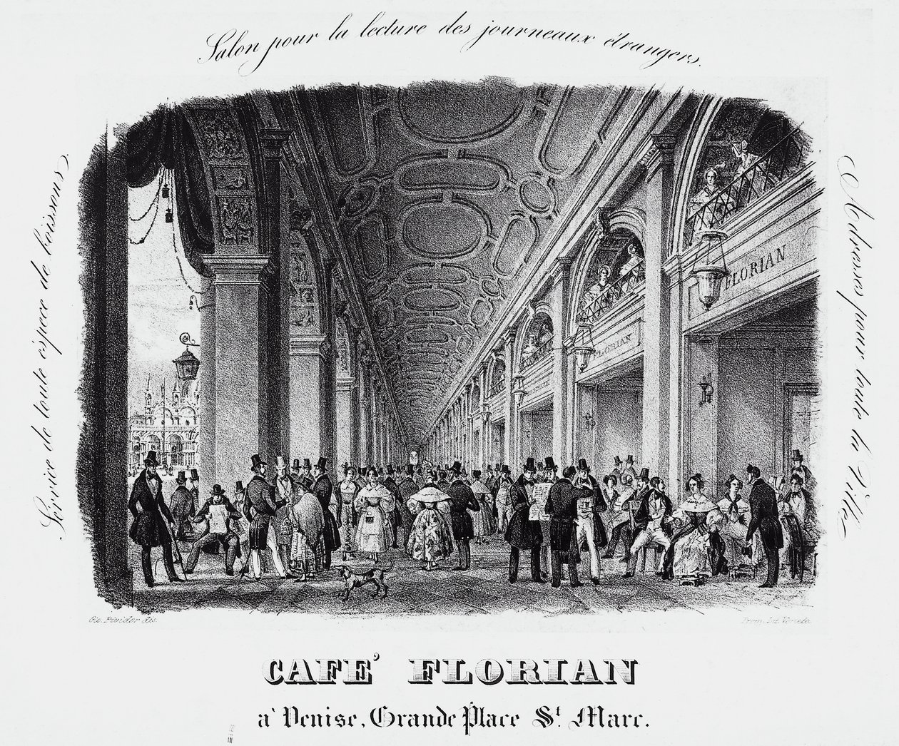 Café Florian en la Plaza San Marcos en Venecia, grabado, Italia de Italian School