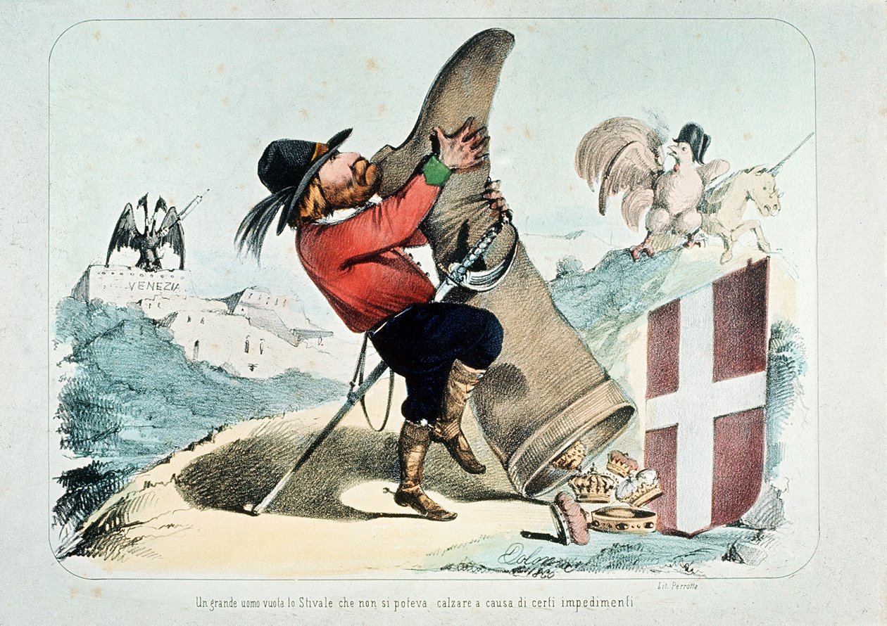 Caricatura de Giuseppe Garibaldi vaciando una bota (Italia) llena de coronas, por Litografía Perrotta de Italian School