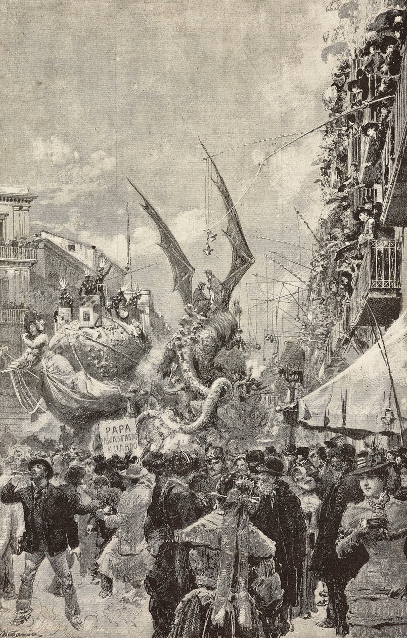 Carros desfilando durante el último día de Carnaval, Nápoles, Italia, grabado de un dibujo de Matania, de L