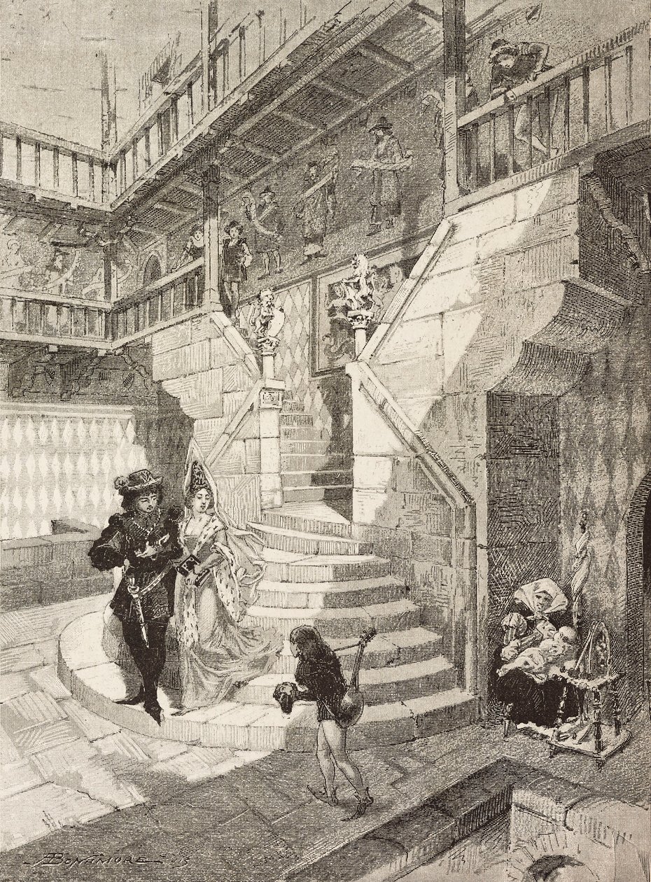 Patio del castillo, pueblo medieval en Turín, Italia, grabado por Bonamore de L