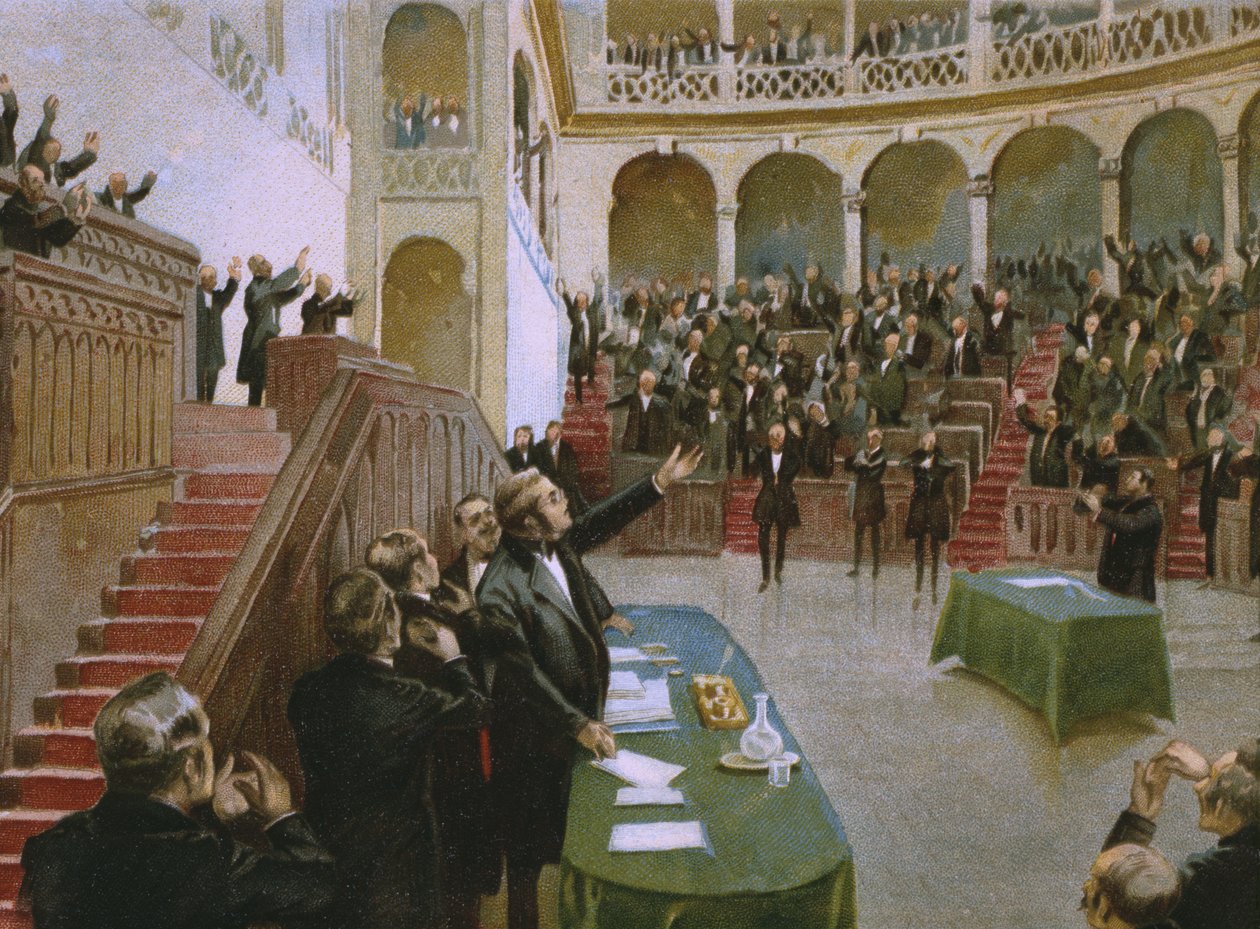 Cavour hace que el primer parlamento nacional italiano aplauda al Rey Víctor Manuel II (1820-78) el 18 de febrero de 1861, ilustración de un álbum sobre la historia del Risorgimento hecho para el chocolate Talmone, finales del siglo XIX de Italian School