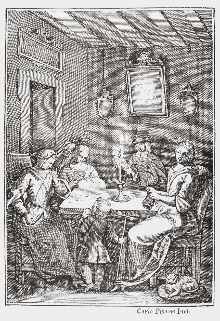 Chiaqlira leyendo cuentos a un grupo de costura, portada de El Pentamerón de Giambattista Basile, 1742 de Italian School