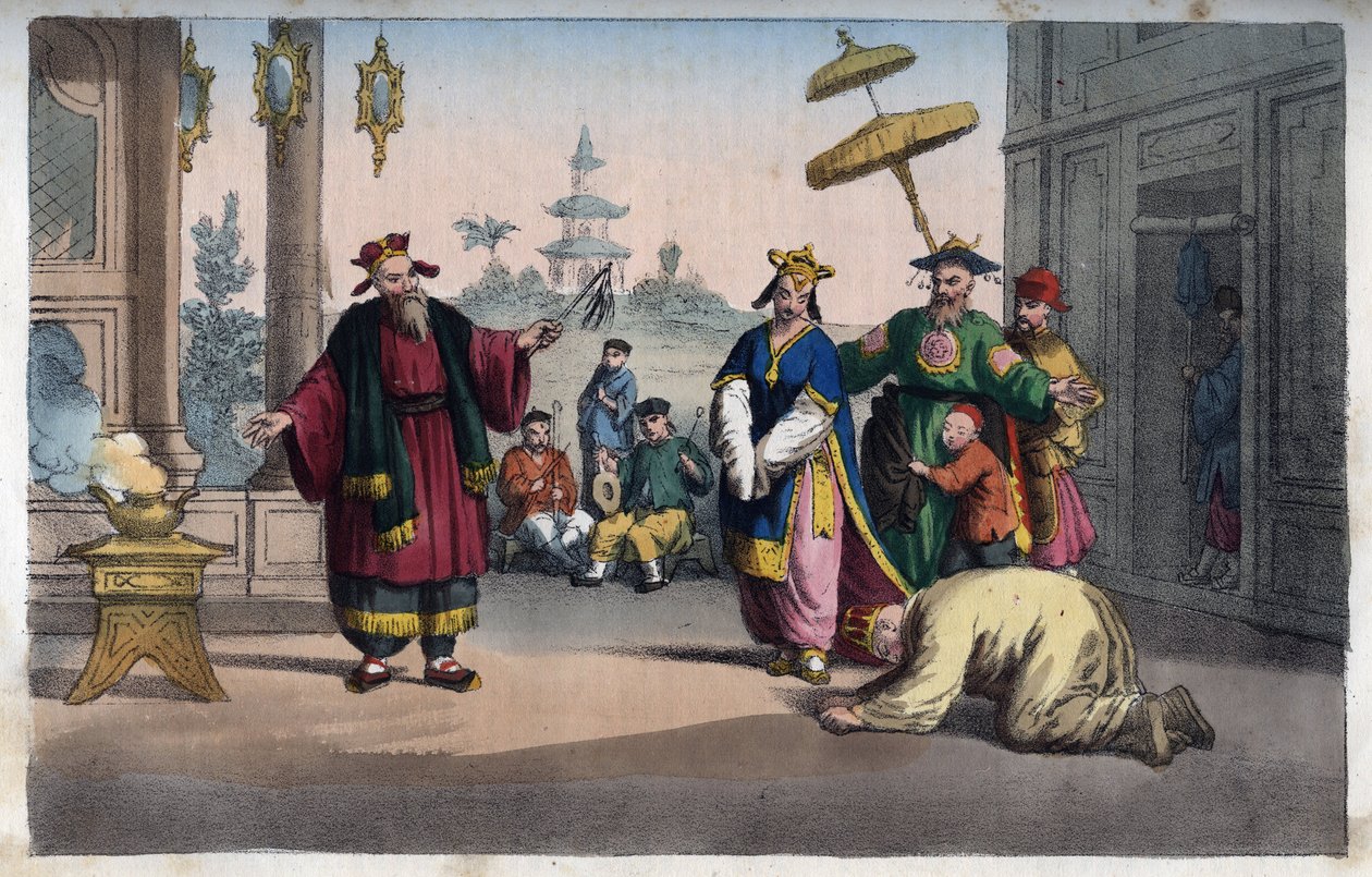 China - Una representación teatral al aire libre - grabado de “Usi e Costumi di Tutti i Popoli dell