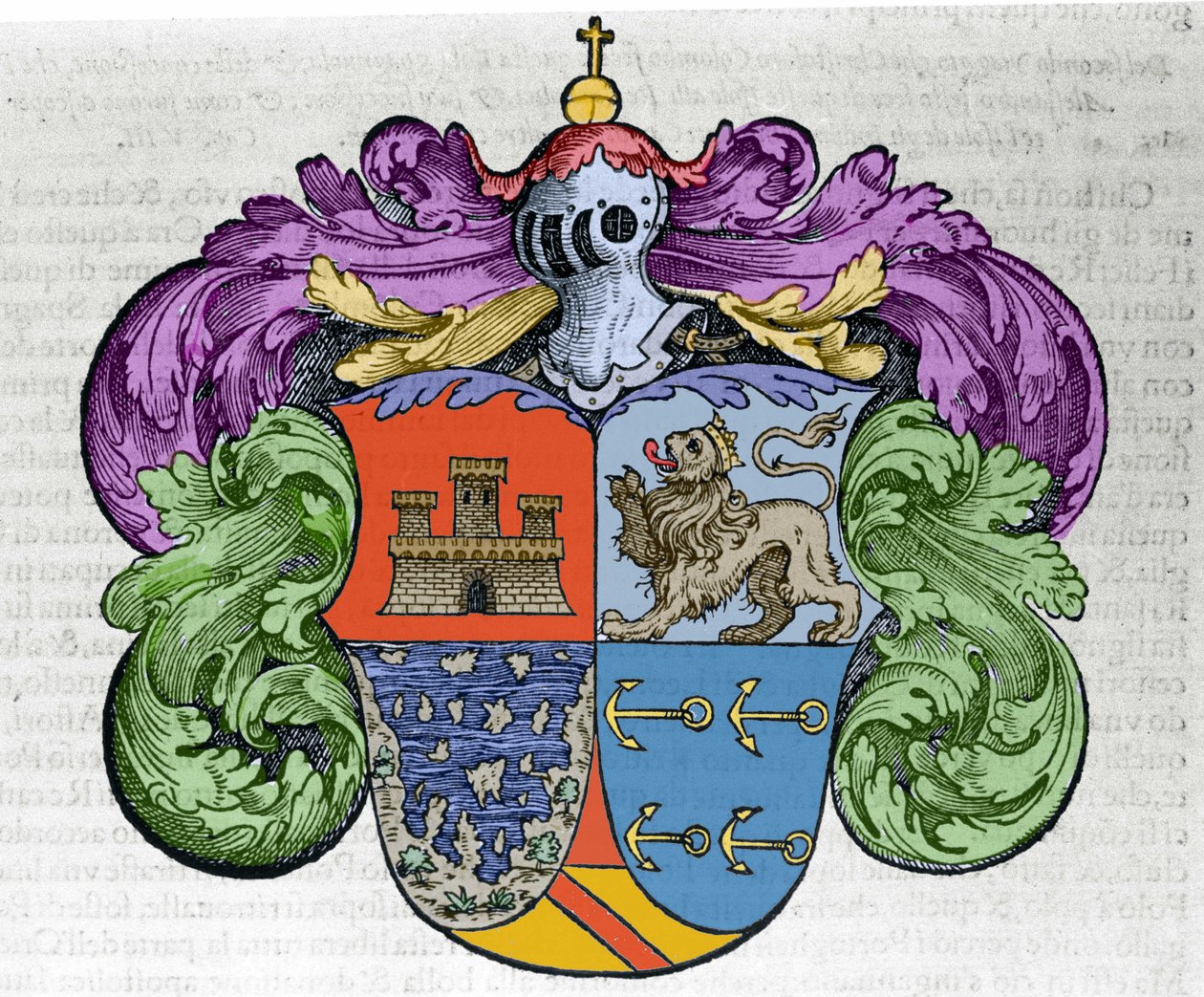 Escudo de armas del navegante Cristóbal Colón (1451-1506): las cuatro partes del escudo representan en la parte superior la ciudad de Castilla y León, abajo las islas descubiertas y los anclas símbolo del almirantazgo. Grabado del libro “Navigationi and Vi de Italian School