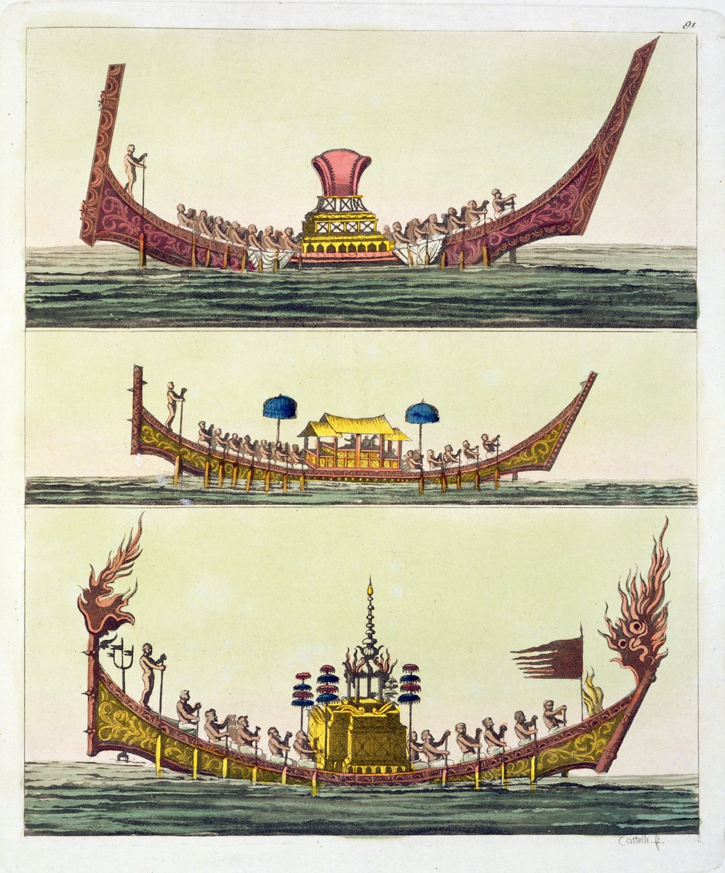Barcos de Cochin China, ilustración de Le Costume Ancien et Moderne por Giulio Ferrario de Italian School