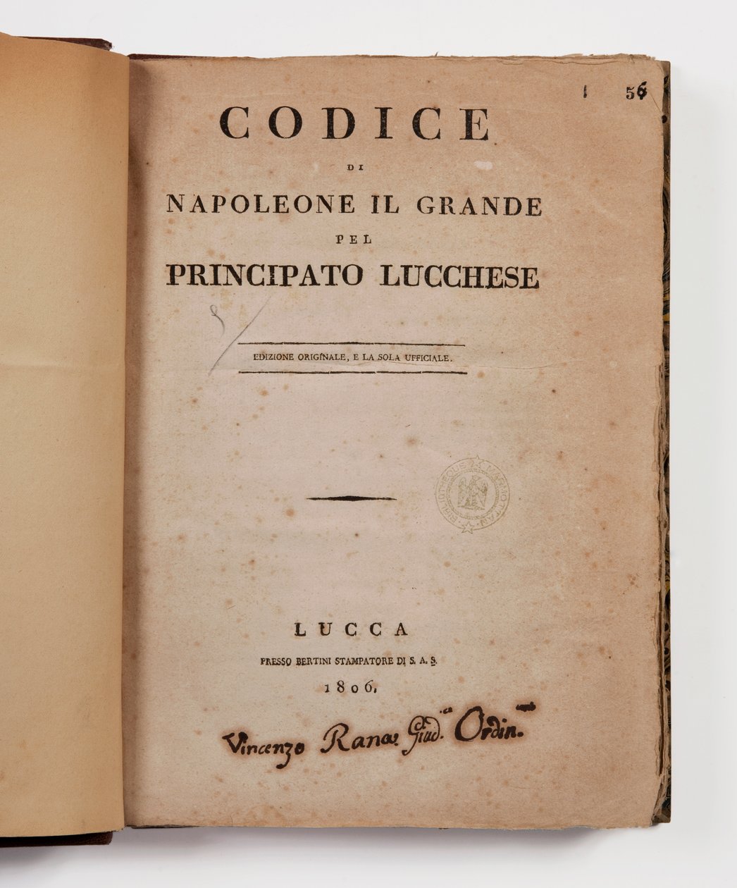 Código de Napoleón el Grande para el principado de Lucca, primera edición oficial, Lucca, Presso Bertini, 1806, y el código rural para los principados de Lucca y Piombino, Lucca, Fr. Bertini, 1807 de Italian School