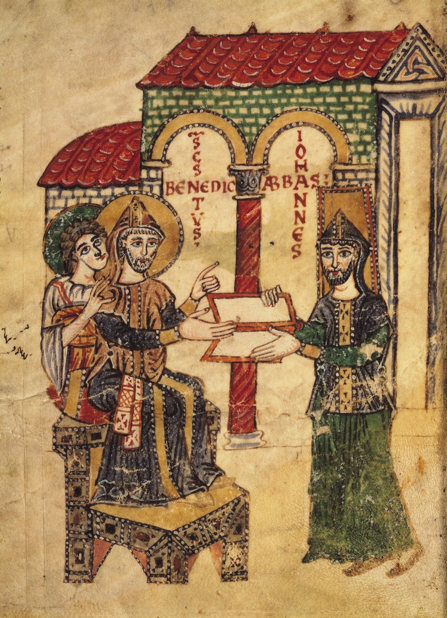 El abad Juan ofreciendo el manuscrito a San Benito (c.480-c.550), abad y fundador de Montecassino, escrito por el diácono Pablo, italiano, 915, del Comentario sobre las reglas monásticas de San Benito de Italian School