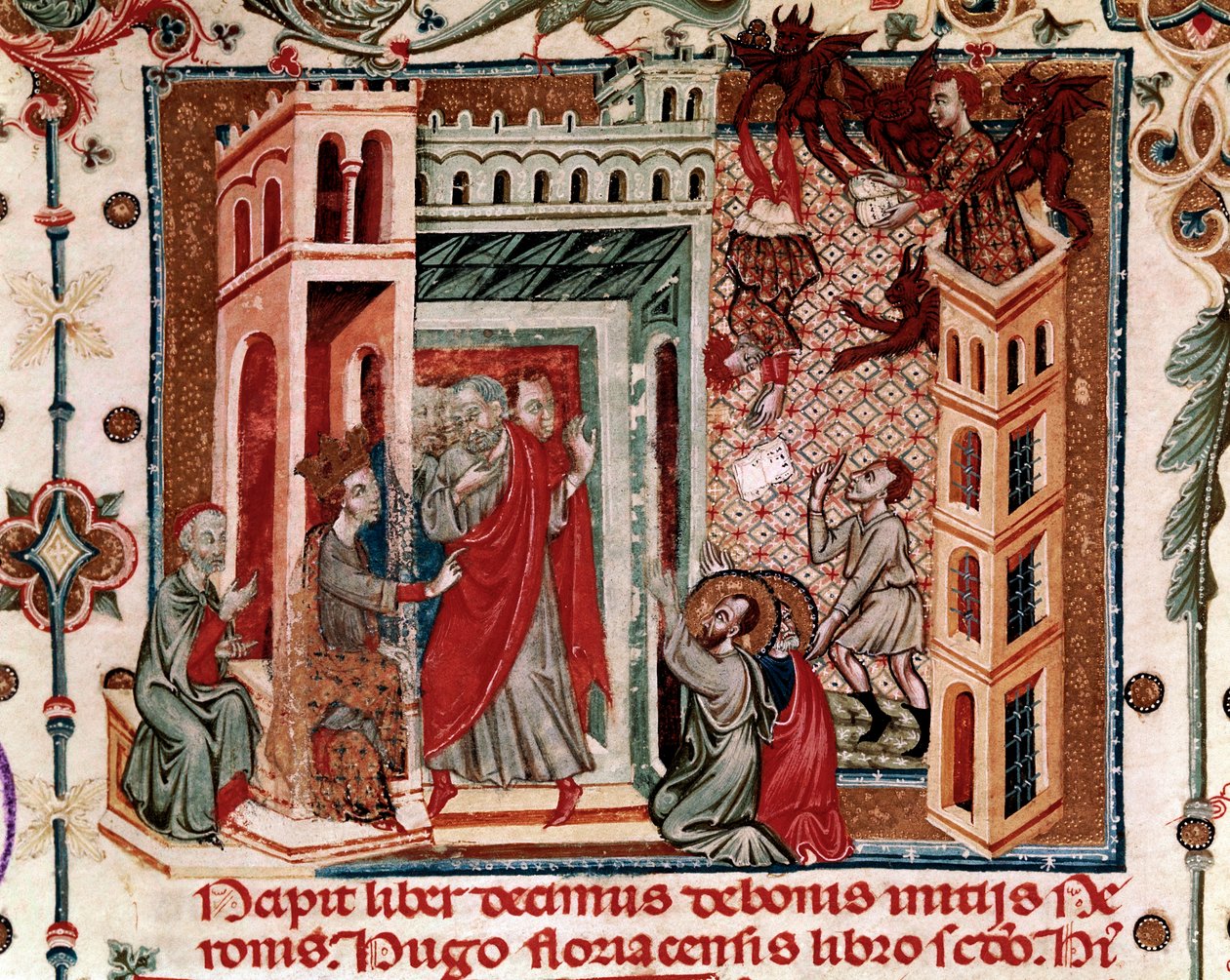 Codices Cavenses, Cod.25 f.181, Simón el Mago, el Emperador Nerón y los Apóstoles, miniatura del Speculum Historiale, Parte I, por Vincent de Beauvais, c.1320 de Italian School