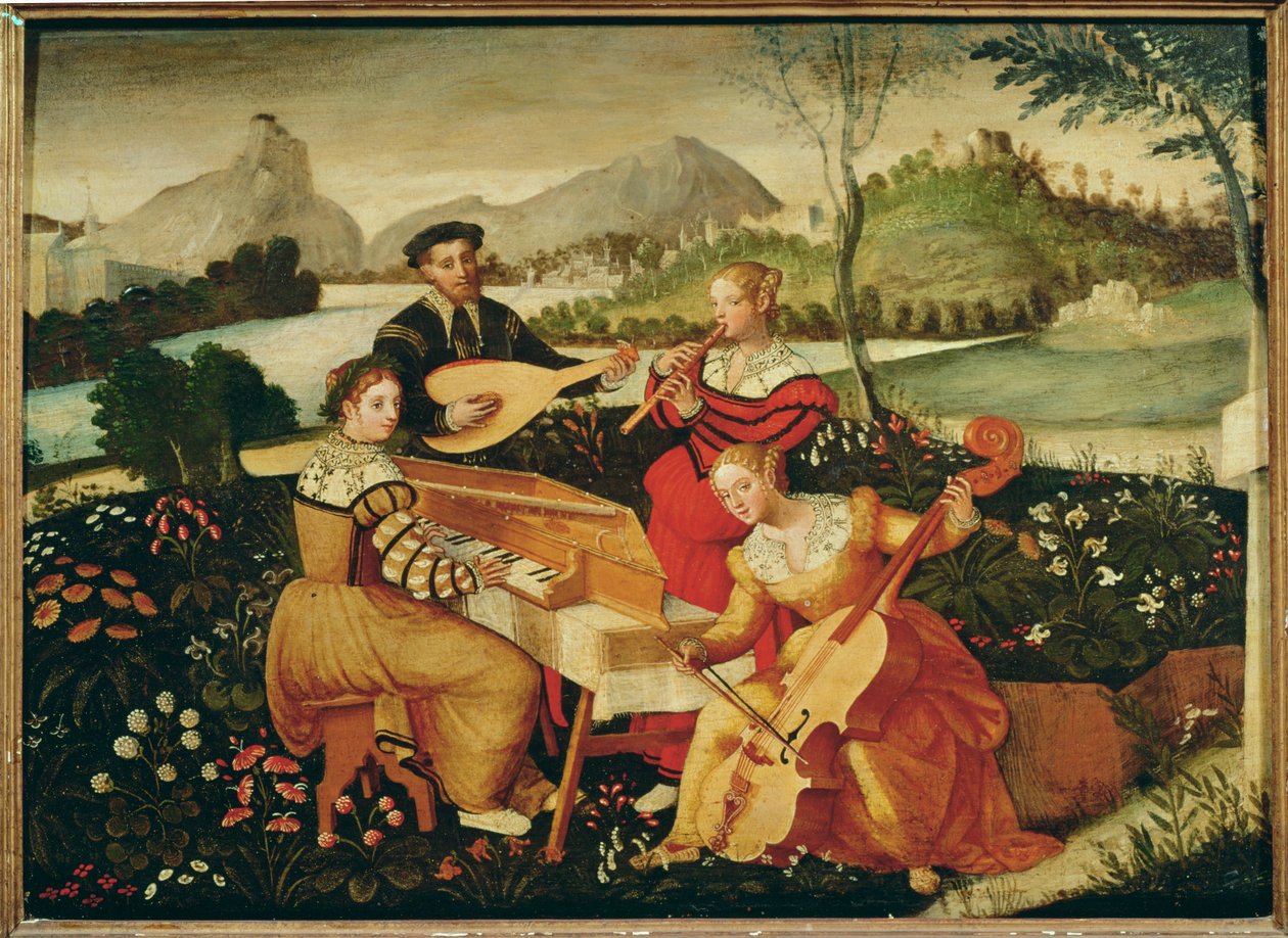 Concierto en el campo: música instrumental ... (pintura sobre lienzo) de Italian School
