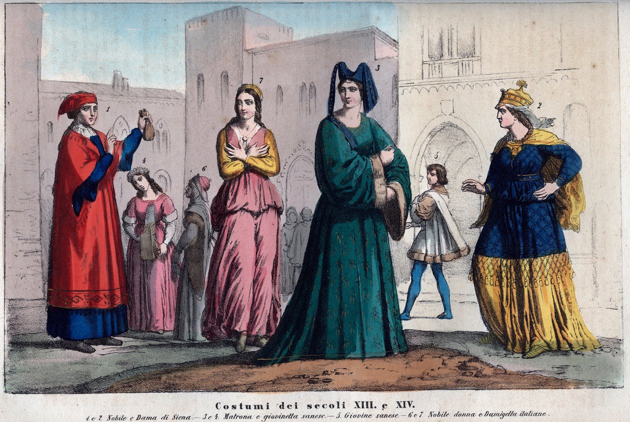 Trajes en Siena entre los siglos XIII y XIV - vestimenta en Siena entre los siglos XIII y XIV - grabado de 