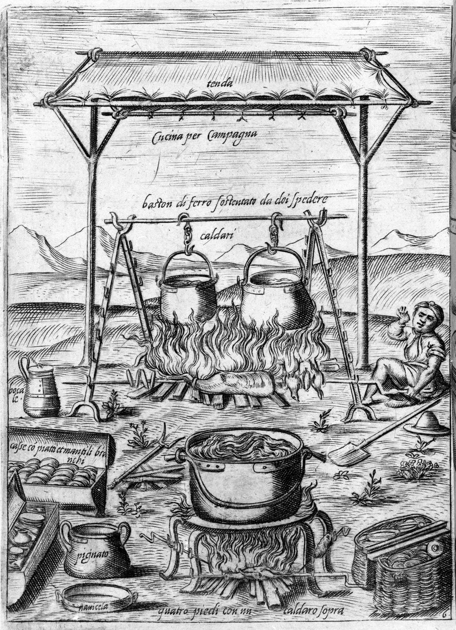 Cocina campestre: calderos y ollas colocados sobre el fuego. Grabado de 