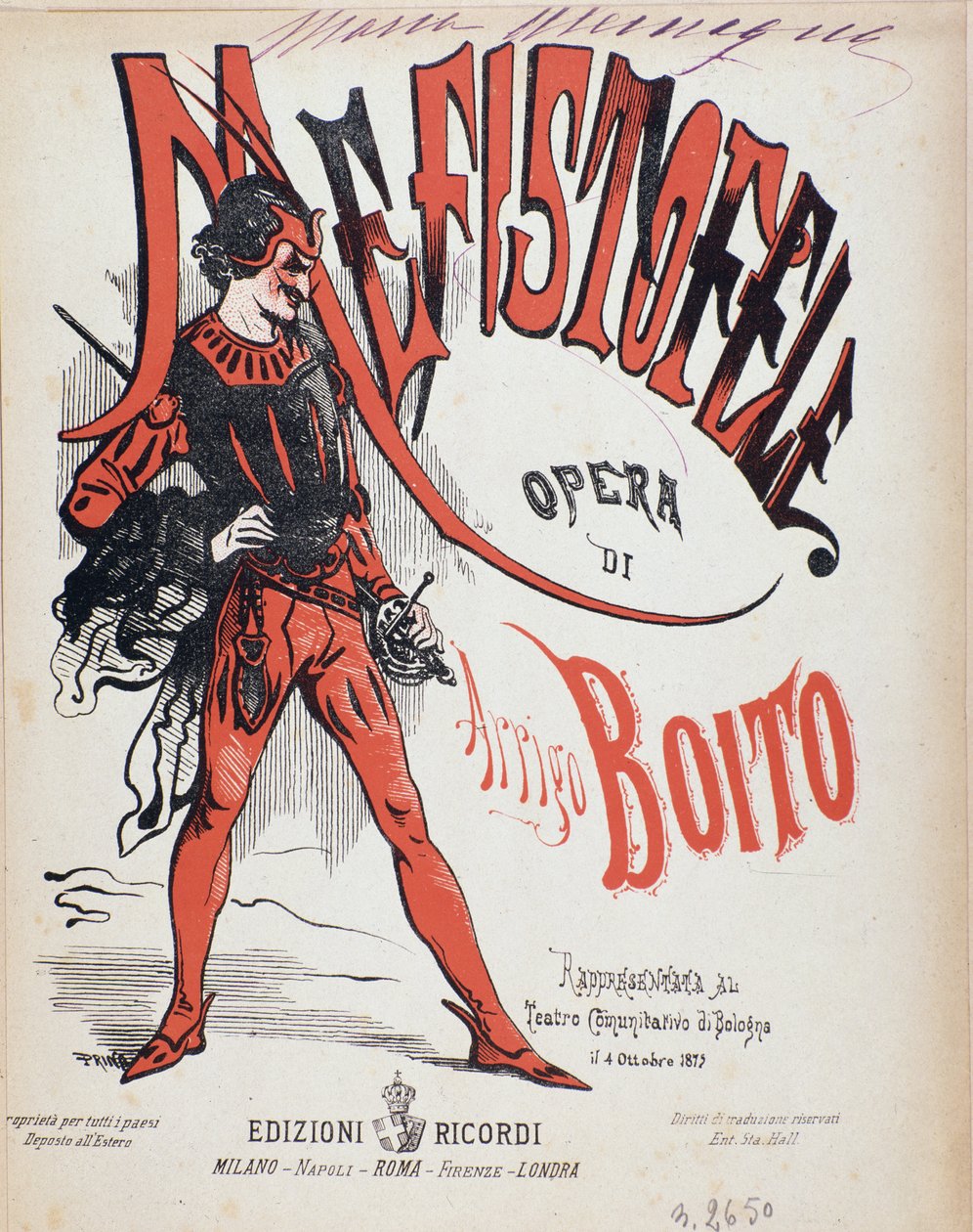Portada de la partitura musical de Mefistofele ópera de Arrigo (Enrico) Boito de Italian School