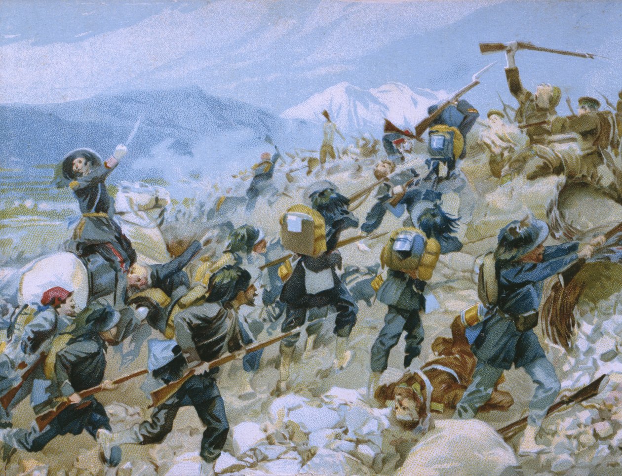 Guerra de Crimea y la batalla de Chernaya, 16 de agosto de 1855, ilustración de un álbum sobre la historia del Risorgimento hecho para el chocolate Talmone, finales del siglo XIX de Italian School