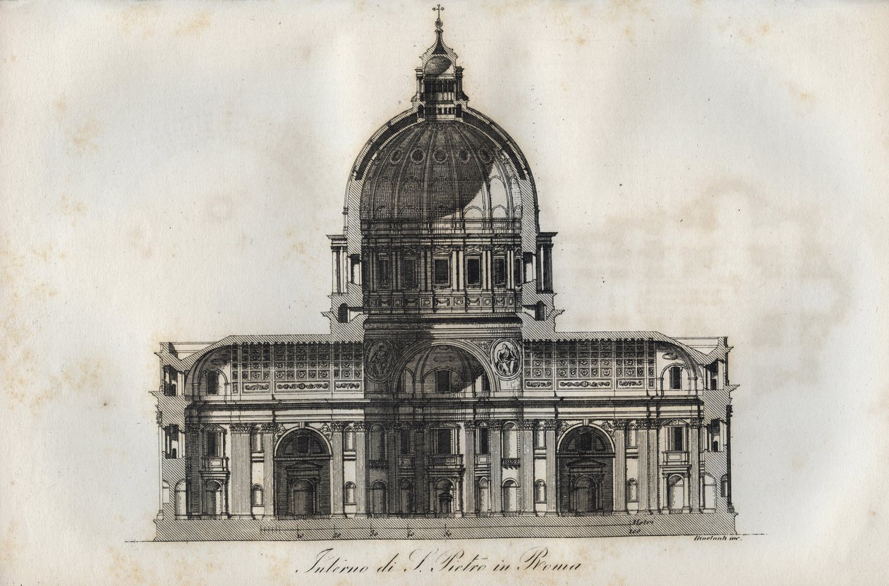 Sección transversal de la Basílica de San Pedro en Roma - grabado de “Usi e Costumi di Tutti i Popoli dell