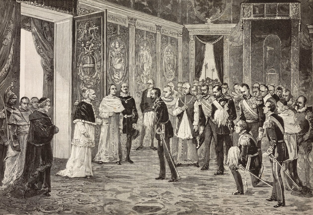 El príncipe heredero de Alemania (futuro Federico III) recibido por el Papa León XIII en la sala del trono, Vaticano, grabado de un dibujo de Ximenes de un boceto de Dal Don, de L