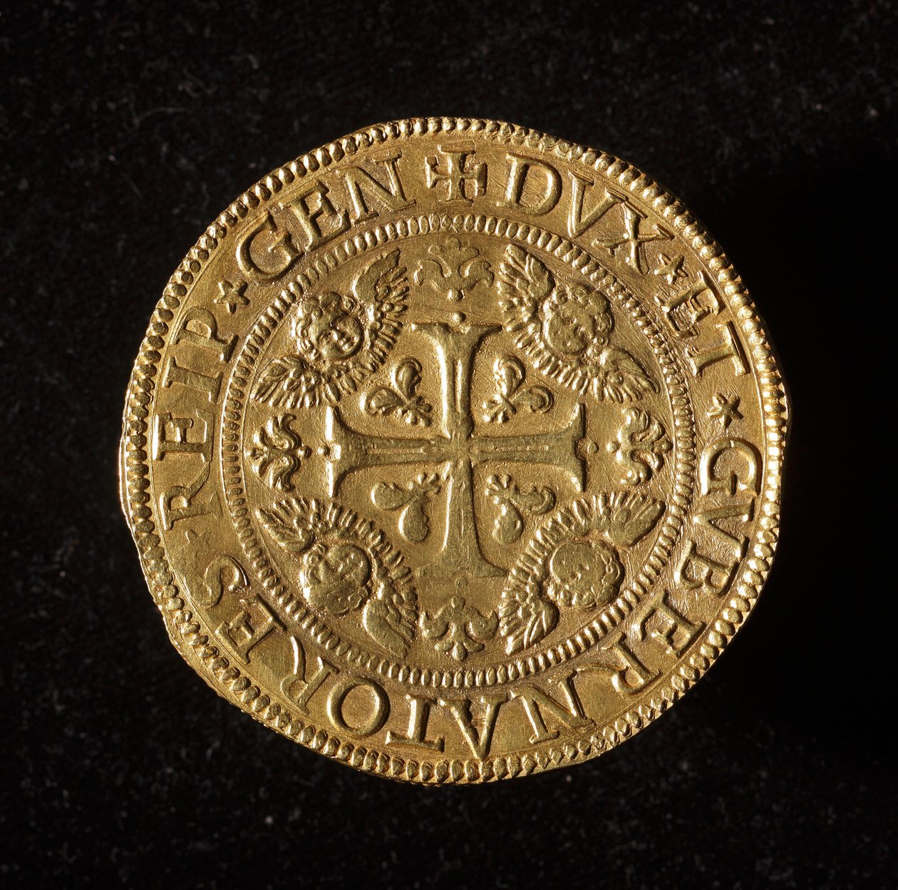 Moneda de la República de Génova: moneda de 12.5 doppie de oro. Diámetro 61 mm. 1656. Anverso. Musei di Strada Nuova de Génova (inv. 6456) de Italian School