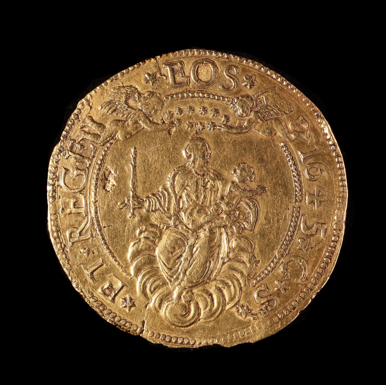 Moneda de la República de Génova: 20 doppie de oro. Diámetro 58 mm. 1645. reverso. Genes Musei di Strada Nuova de Italian School