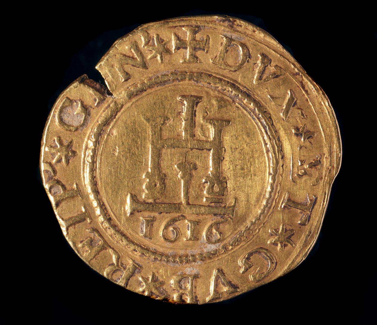 Moneda de la República de Génova: una quadrupla de oro con un portal de Génova. Diámetro 32 mm. 1616. anverso. Genes Musei di Strada Nuova de Italian School