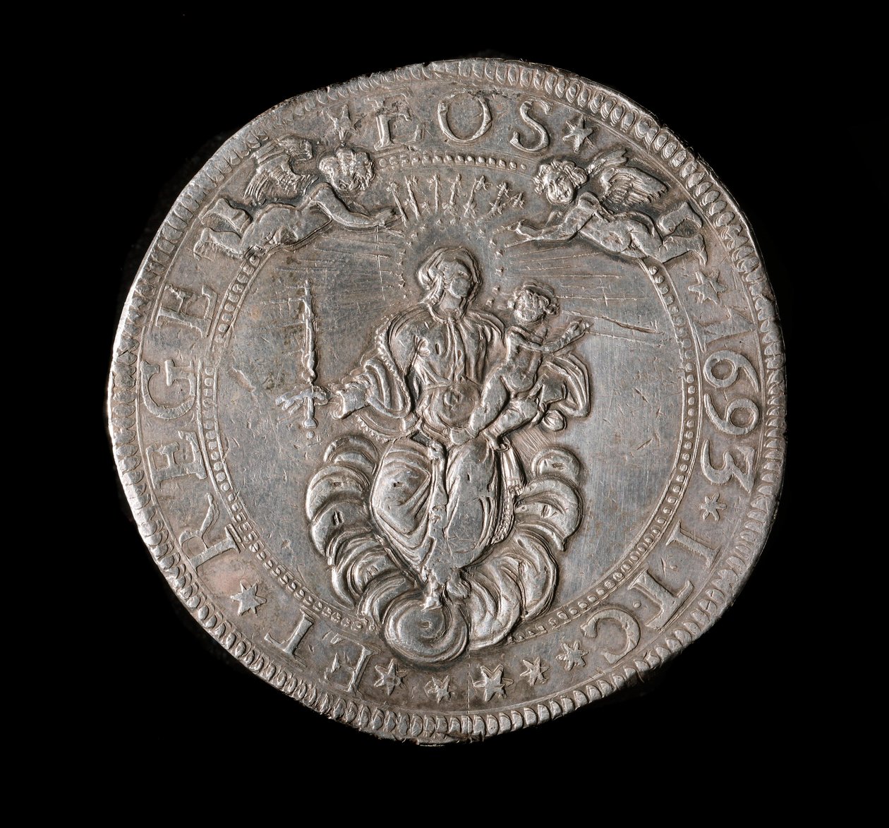 Moneda de la República de Génova: moneda de plata de cinco escudos. Diámetro 61 mm. 1693. Reverso. Genes Musei di Strada Nuova de Italian School