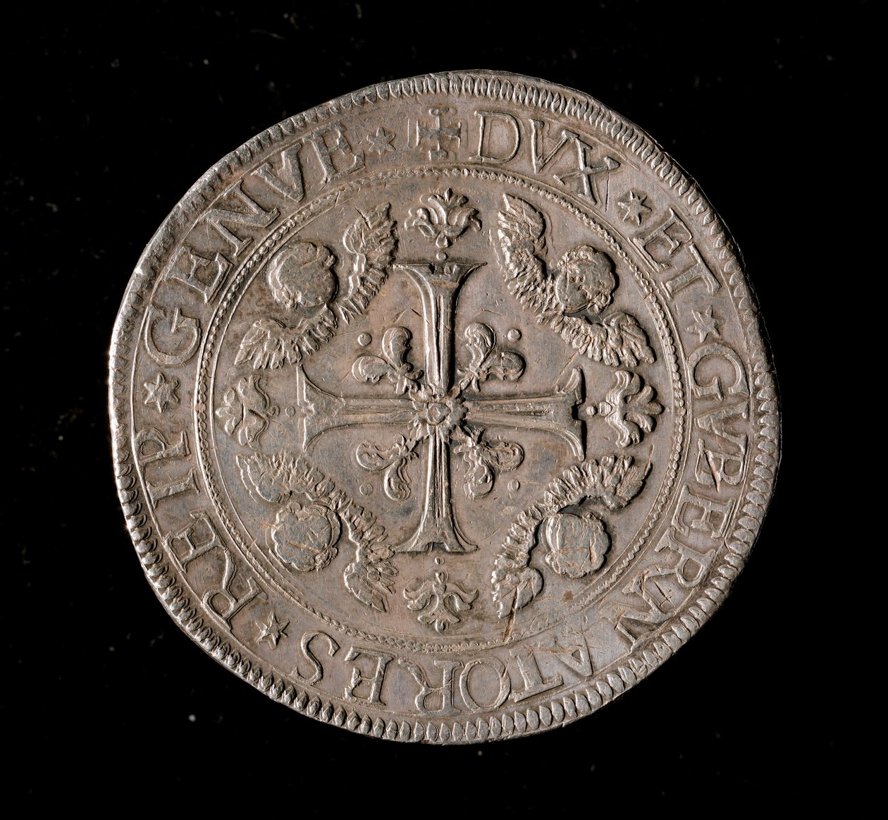 Moneda de la República de Génova: moneda de cinco ecus de plata. Diámetro 61 mm. 1693. Anverso. Genes Musei di Strada Nuova de Italian School