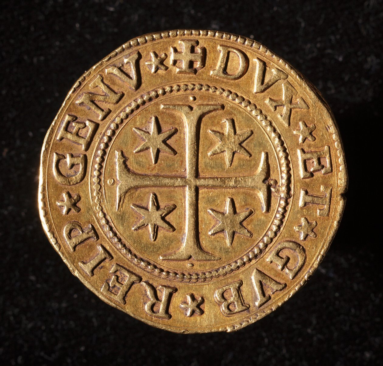 Moneda de la República de Génova: moneda de cinco doppie de oro. Diámetro 41 mm. 1642. anverso. Genes Musei di Strada Nuova de Italian School