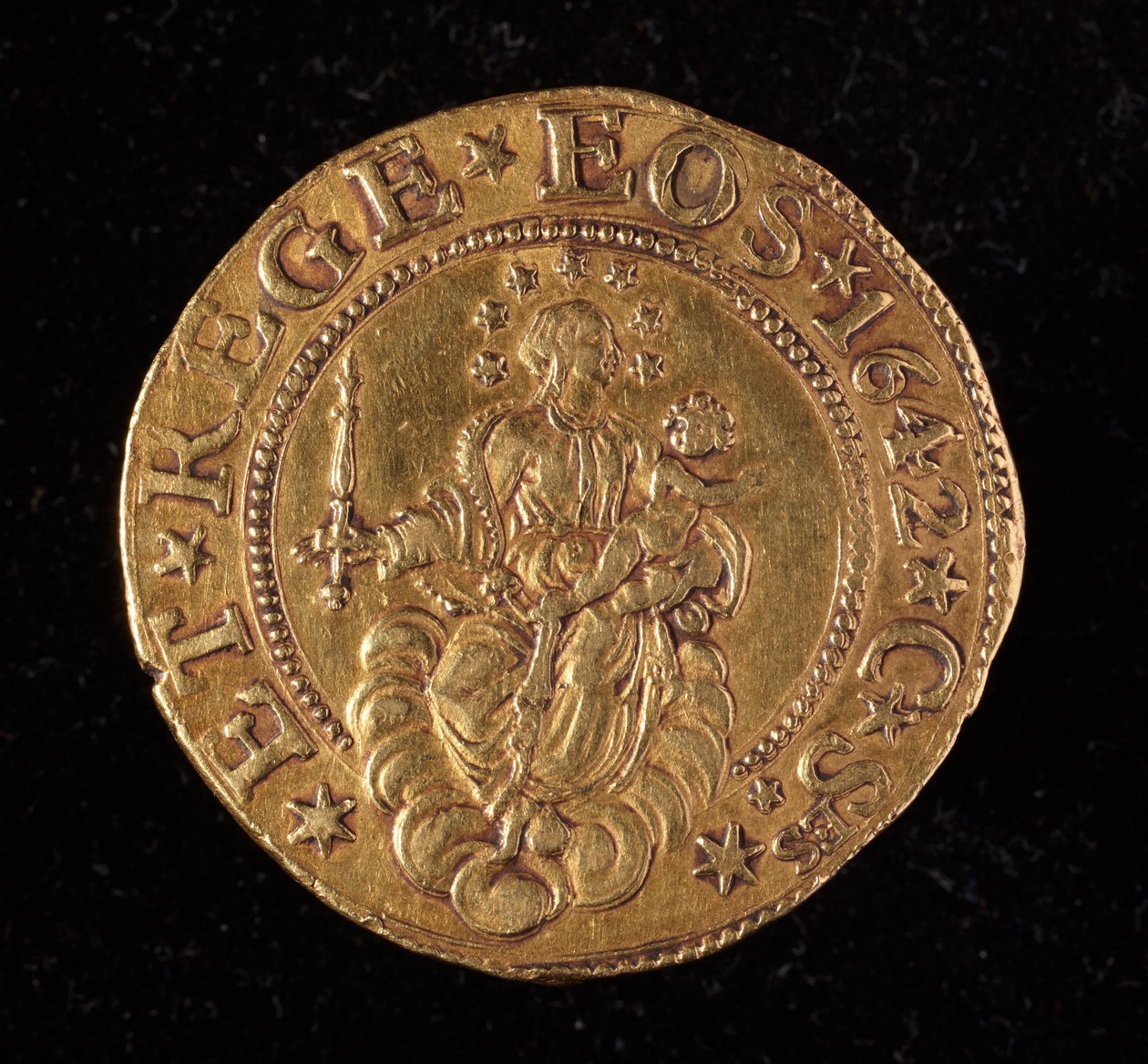 Moneda de la República de Génova: moneda de cinco doppie de oro. Diámetro 41 mm. 1642. reverso. Genes Musei di Strada Nuova de Italian School