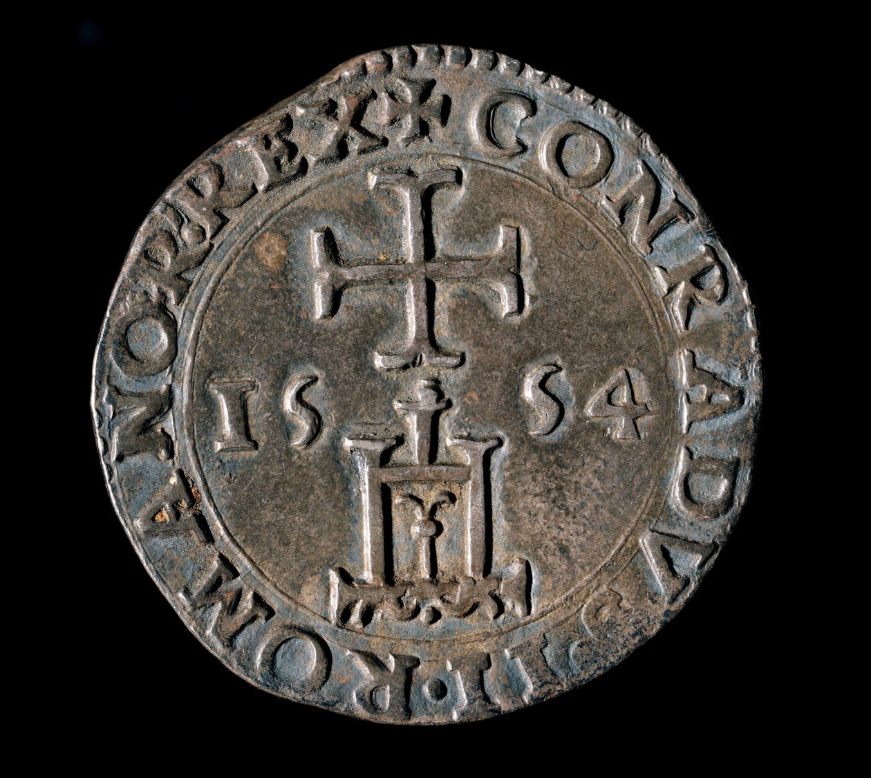 Moneda de la República de Génova: testón (o testone) de plata de la Bendición. Frente que representa el portal de Génova bajo una cruz. 1554 Genes, Musei di Strada Nuova de Italian School