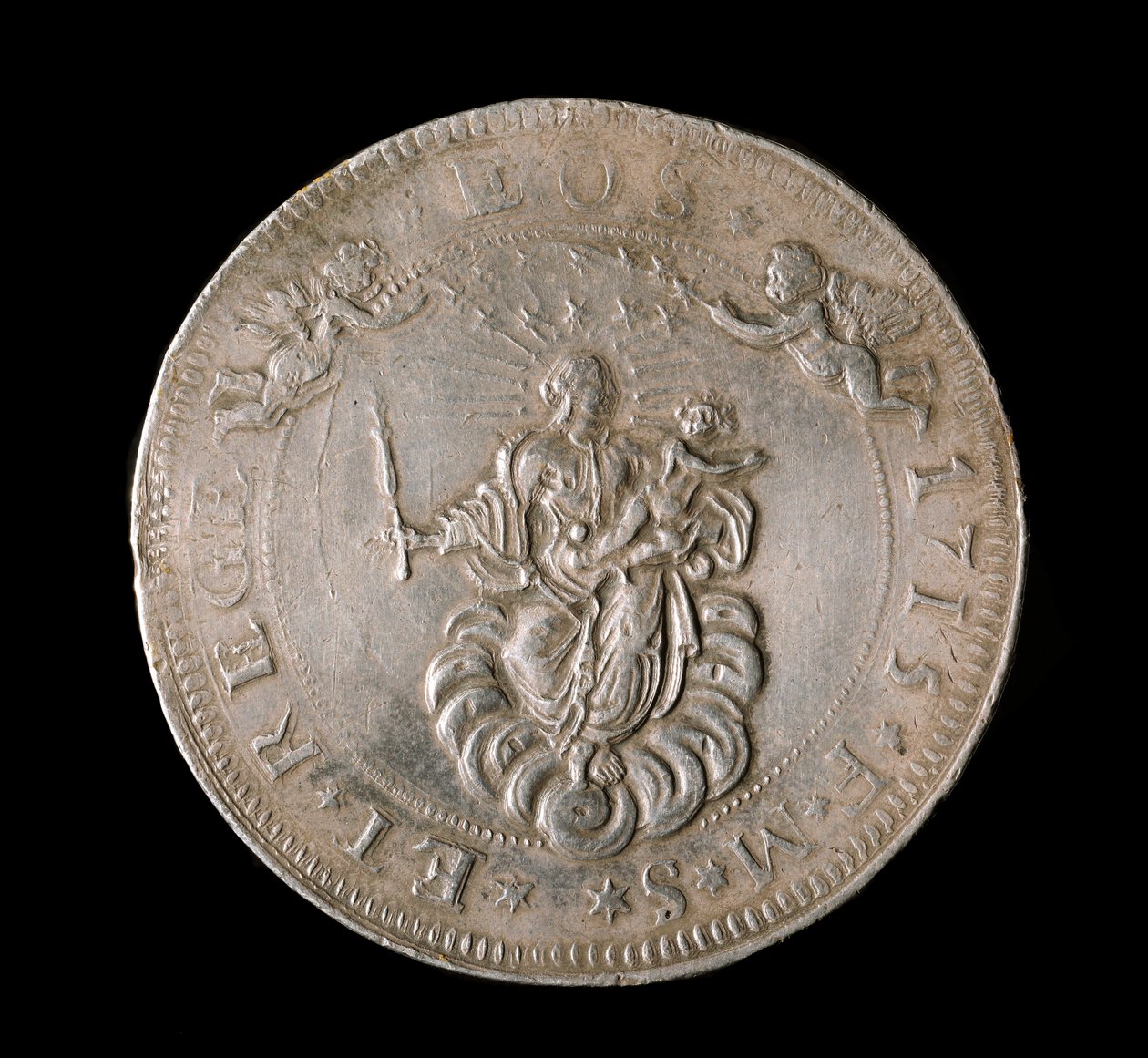 Moneda de la República de Génova: moneda de plata de seis escudos. Diámetro 61.5 mm. 1715. Anverso. Genes Musei di Strada Nuova (inv, M7156) de Italian School